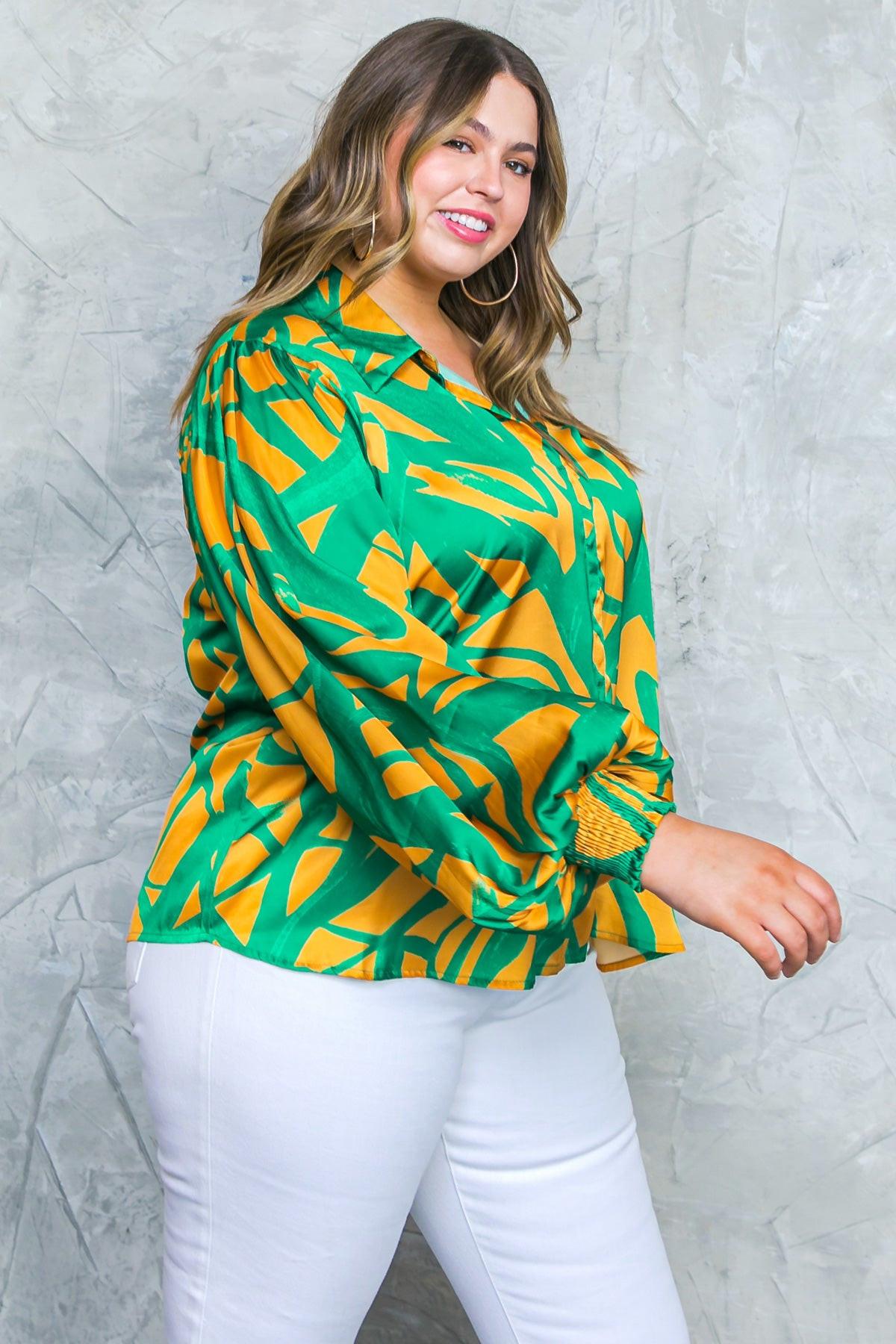 Always About You Woven Top With Shirt Collar V Neck Smocked Cuffs Elastic Waist