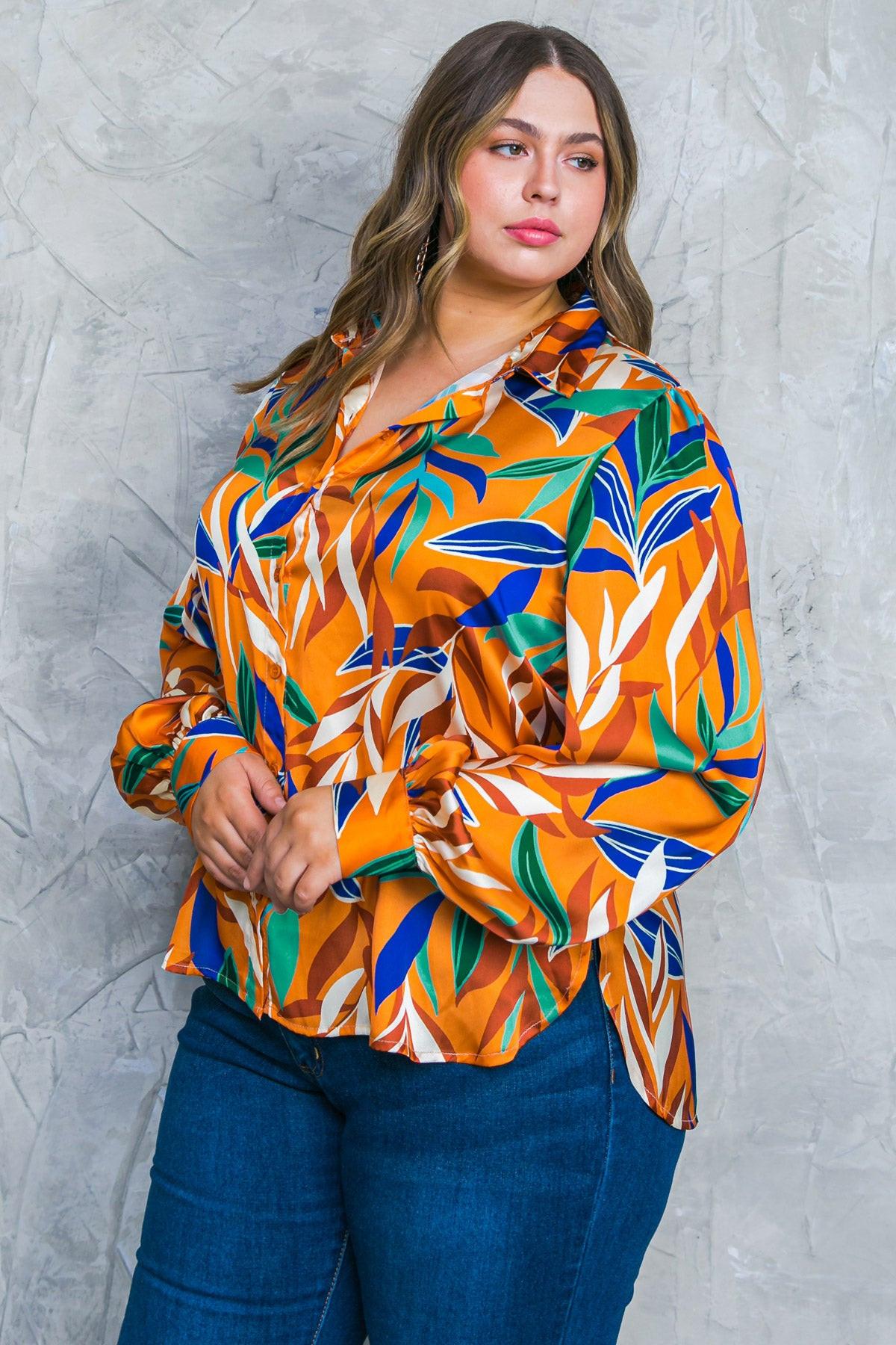 Feels Like Fall Woven Top Printed Button Down Collar Long Sleeves