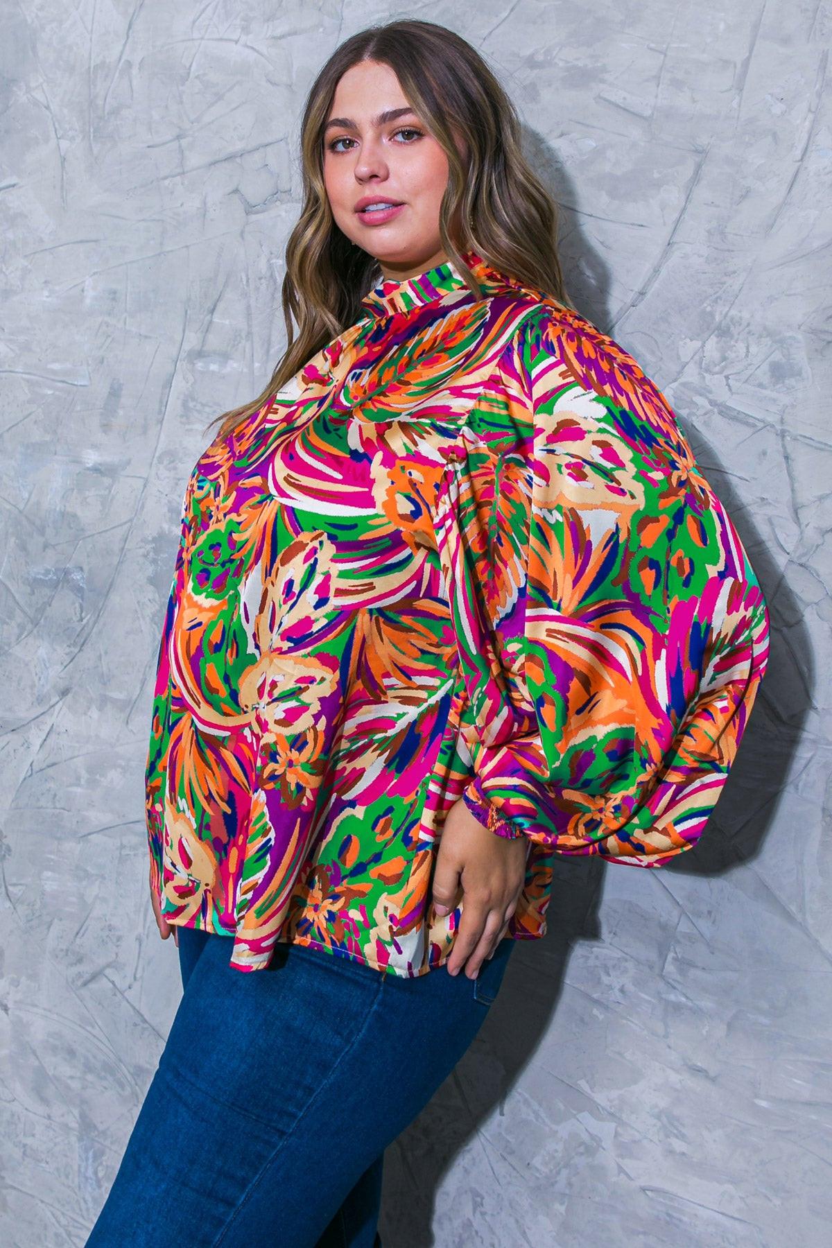 Adoring Devotion Woven Top With High Neck Long Sleeves And Tie Back Print