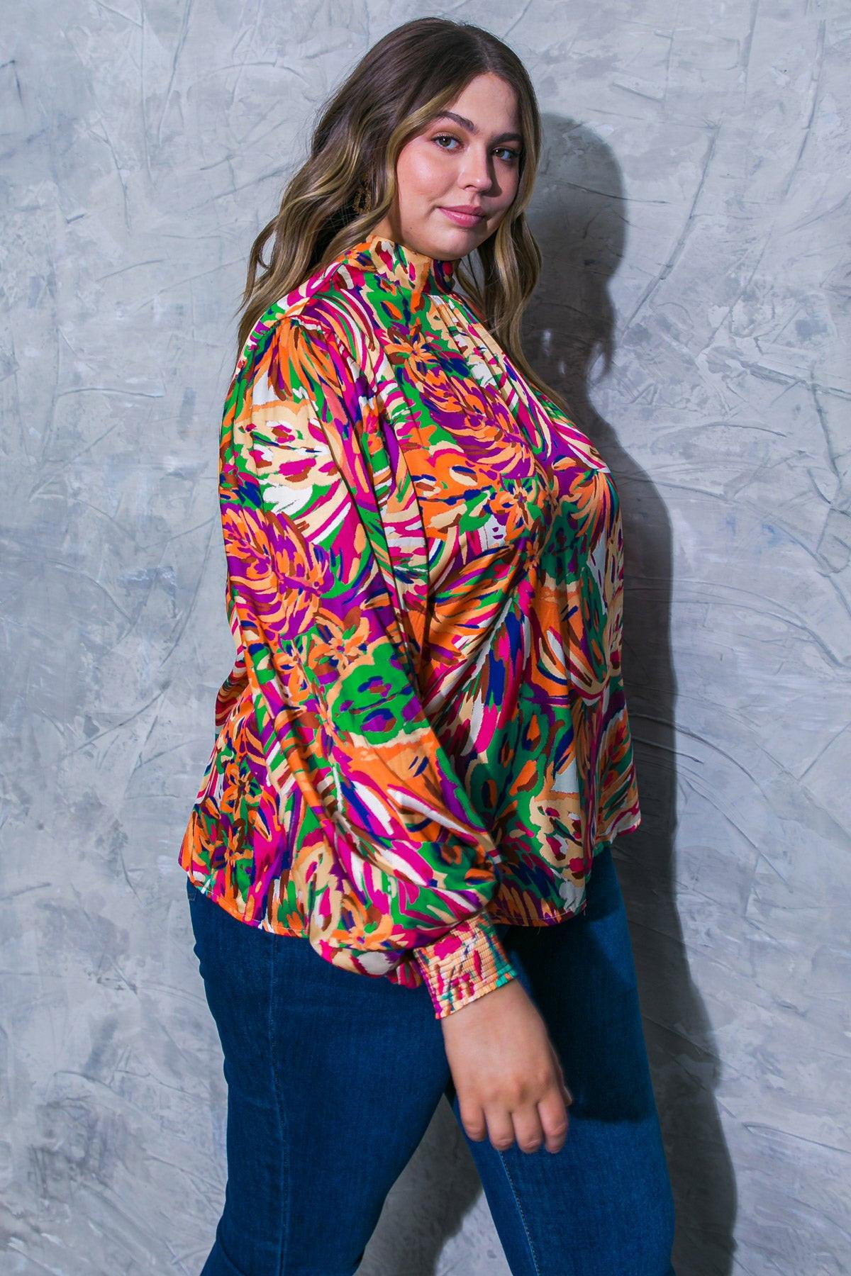 Adoring Devotion Woven Top With High Neck Long Sleeves And Tie Back Print