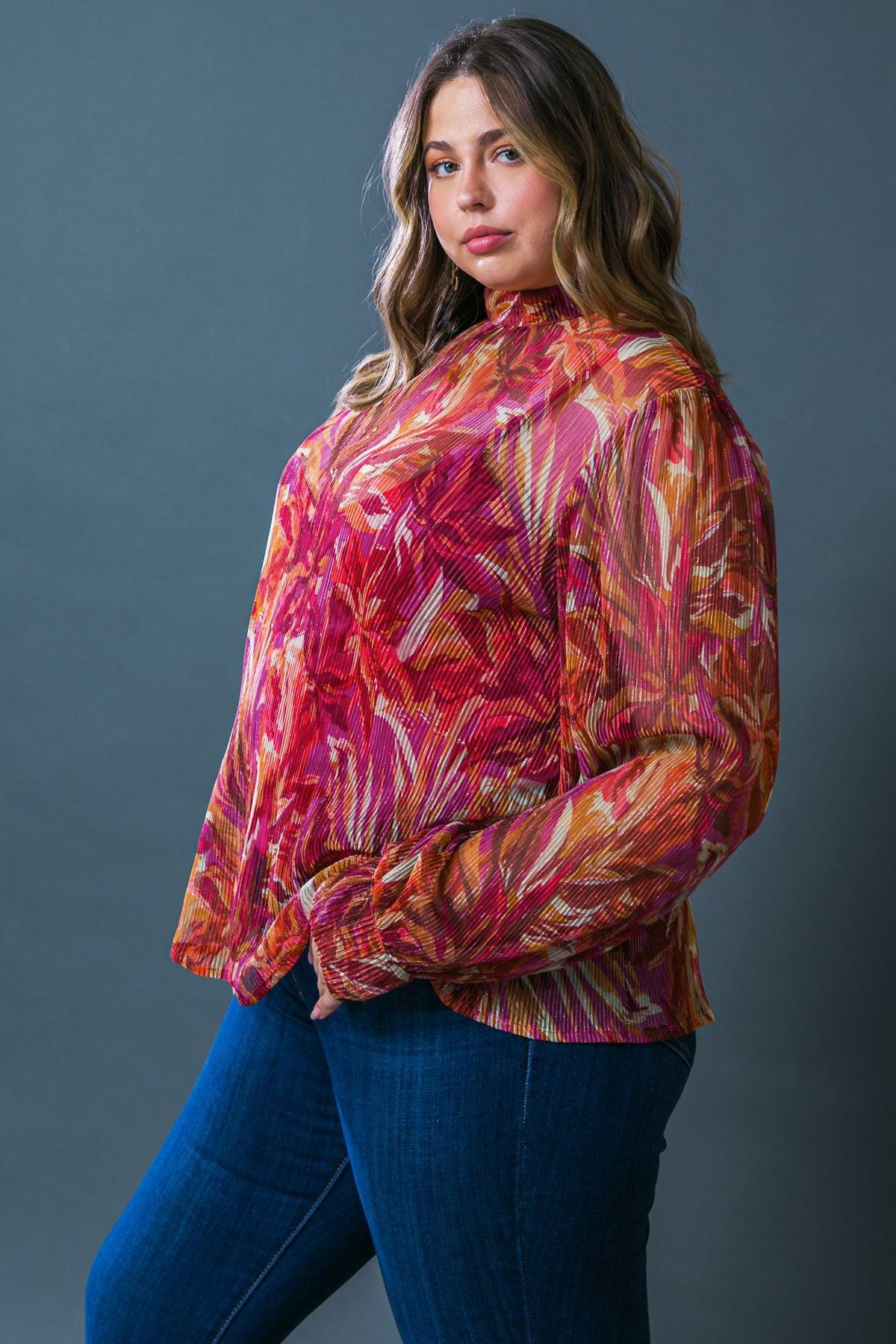 Crushing On You Woven Top High Neck Long Sleeve Cuffs Lightweight Breathable