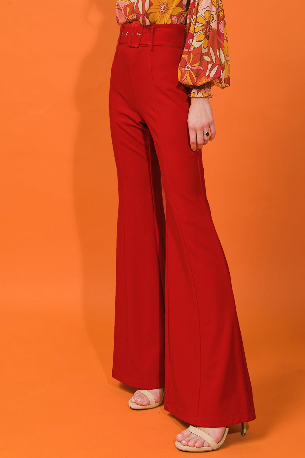Countdown The Hours Woven Bell Bottom Flared Pants With Self Belt And Pockets