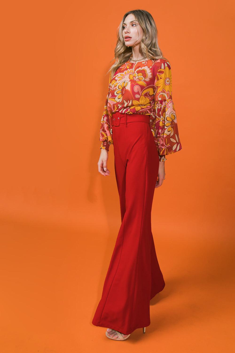 Countdown The Hours Woven Bell Bottom Flared Pants With Self Belt And Pockets