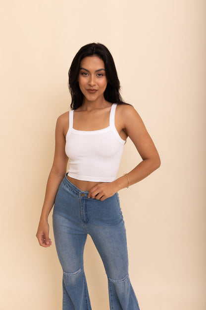 Leto Collection seamless brami top in white, perfect for layering or casual wear with jeans