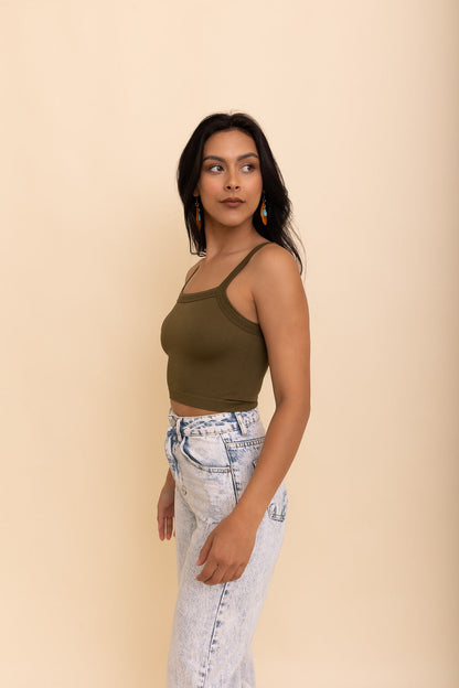 Leto Collection seamless brami top in olive green with wide straps for comfortable everyday wear