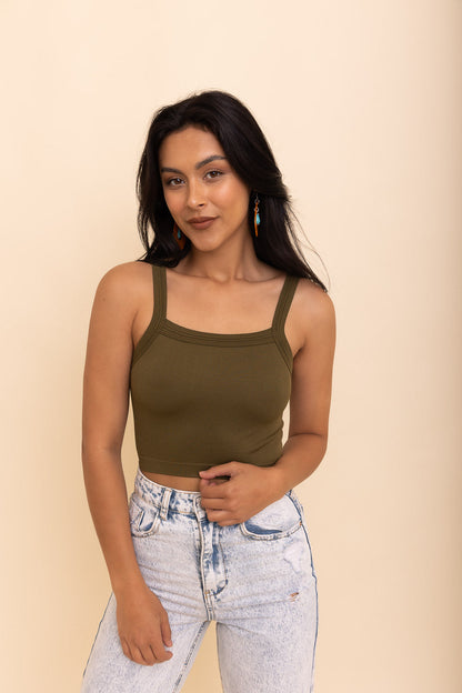 Olive green seamless brami top designed for comfort and style, perfect for layering or casual wear