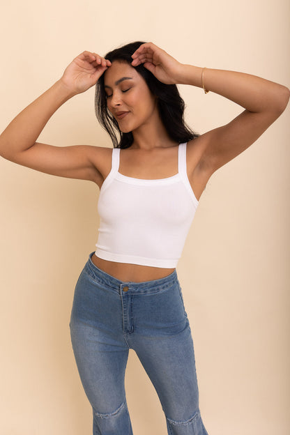 Leto Collection seamless brami top in white, featuring wide straps and a cropped fit for casual wear