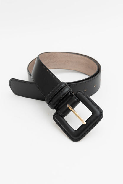 Leto Collection genuine leather square buckle belt in black with a stylish gold buckle