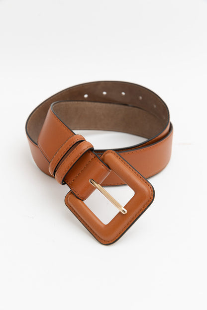 Leto Collection genuine leather square buckle belt in tan with a stylish and modern design
