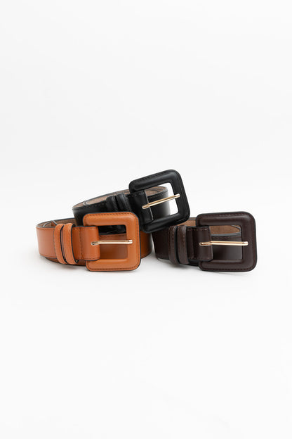 Leto Collection genuine leather square buckle belt in tan, black, and brown for stylish outfits