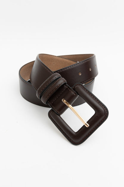 Leto Collection genuine leather square buckle belt in dark brown for stylish outfit enhancements