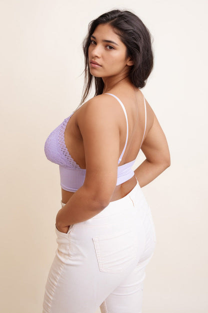 Leto Collection plus size lace brami in lavender with adjustable straps and a ribbed design
