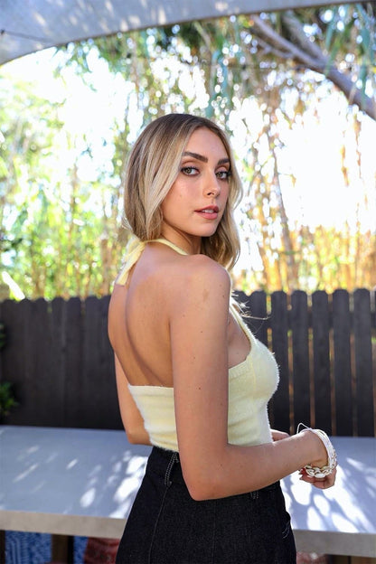 Leto Collection Boho Halter Crop Top in Soft Yellow, perfect for casual summer outings.