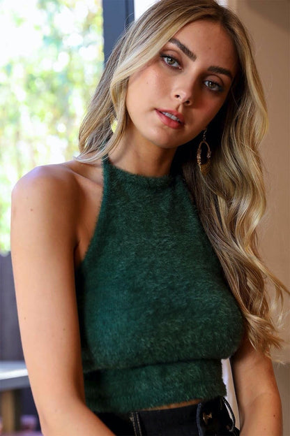 Leto Collection boho halter crop top in green with a soft texture and a stylish halter design