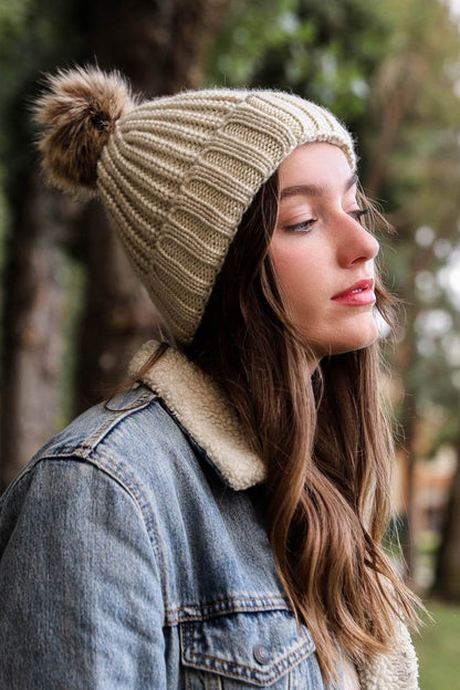 Soft Rib Knit Pom Beanie-Soul Flow Apparel