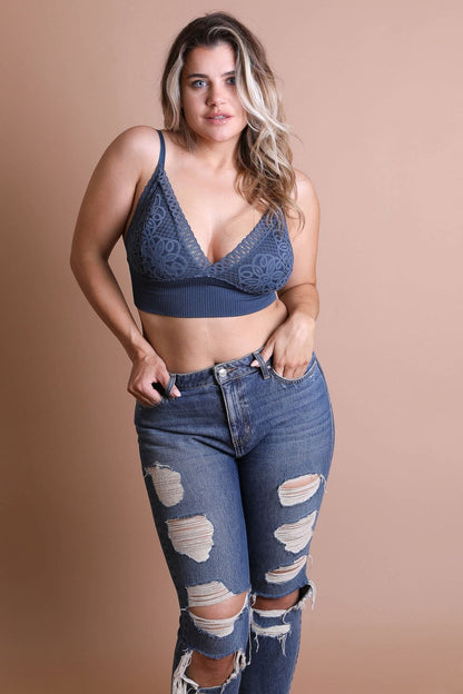 Soft stretch plus size blue brami with loop lace waistband.