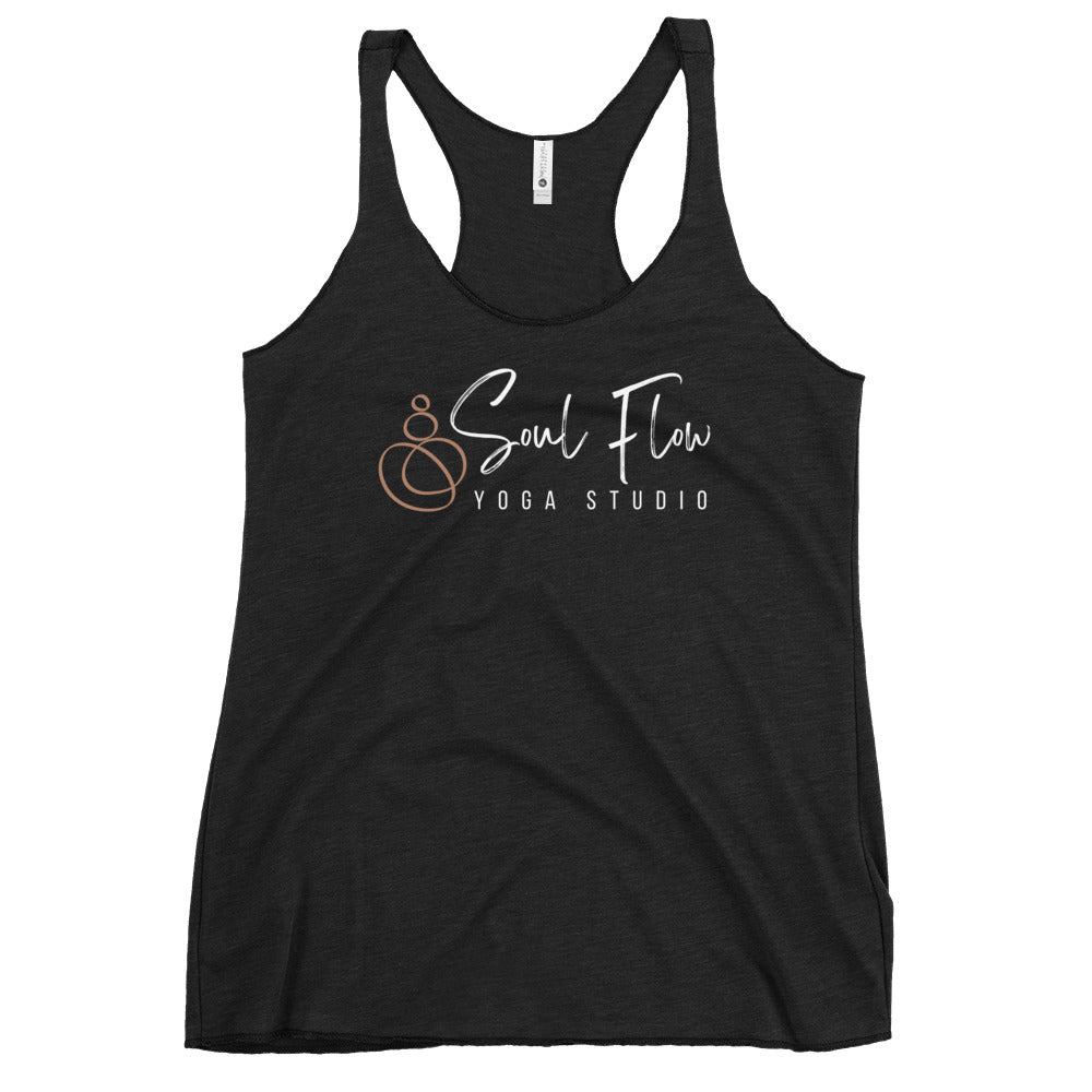 Black racerback tank top with Soul Flow Yoga Studio script logo from Soul Flow Yoga Store Yoga Tank, Yoga Shirt, Yoga Apparel
