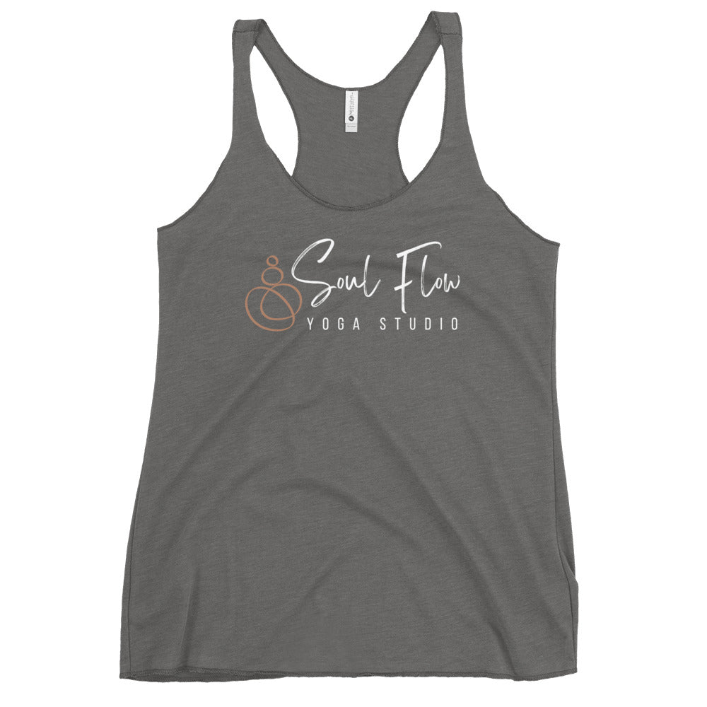 Soul Flow Yoga Store gray racerback tank with logo for studio practice Yoga Tank, Yoga Shirt, Yoga Apparel