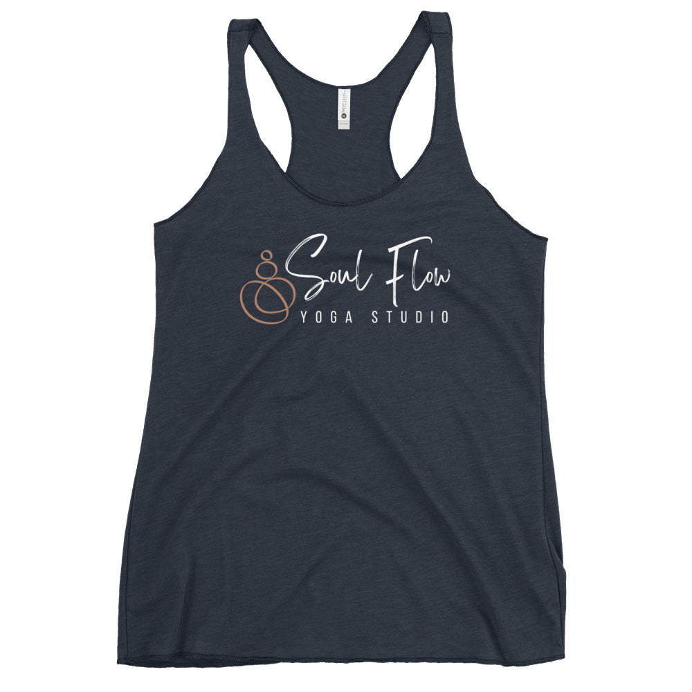 Soul Flow Yoga Studio navy racerback tank with logo lightweight breathable Yoga Tank, Yoga Shirt, Yoga Apparel