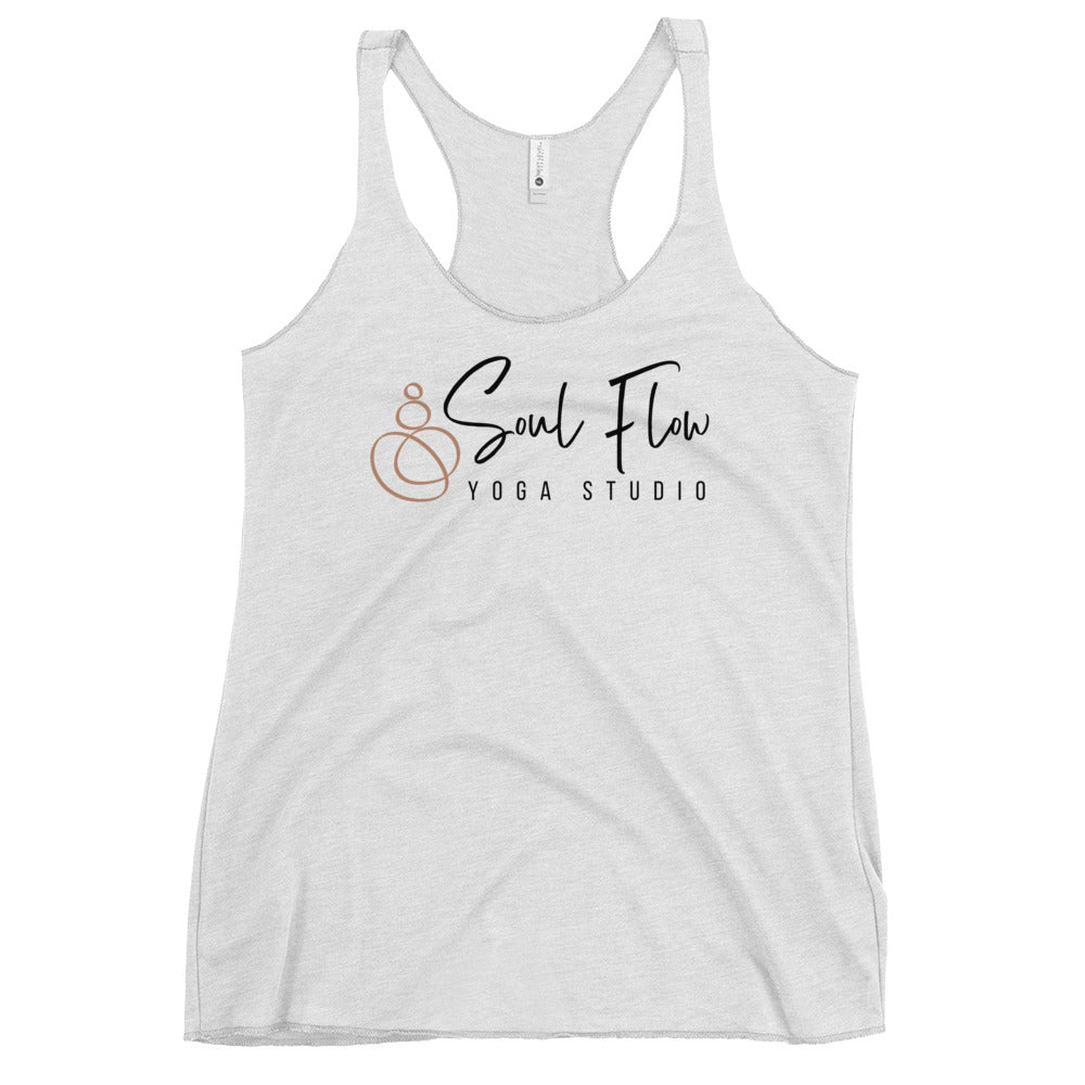 Soul Flow Yoga Store white racerback tank with logo for studio practice Yoga Tank, Yoga Shirt, Yoga Apparel.
