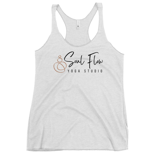 Soul Flow Yoga Store white racerback tank with logo for studio practice Yoga Tank, Yoga Shirt, Yoga Apparel.