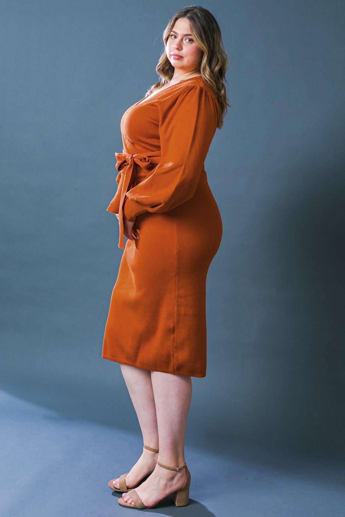 Adorable Ideal Sweater Midi Dress With Surplice Neckline Blouson Sleeves