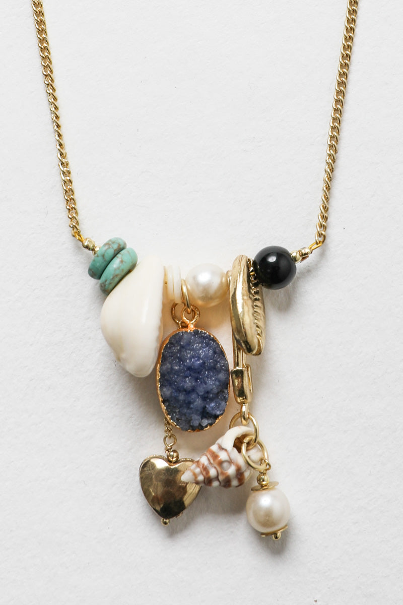 Boho Necklace, Boho Chic Jewelry, Spiritual Leto Collection gold chain with druzy, shells, pearls and heart charm
