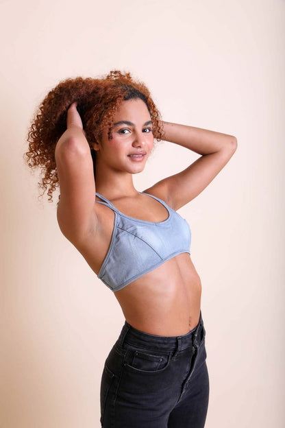 Leto Collection stone washed denim bralette featuring a sleek design for casual comfort