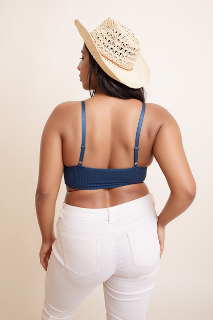 Plus size lace brami in navy blue with adjustable straps, perfect for layering and comfort