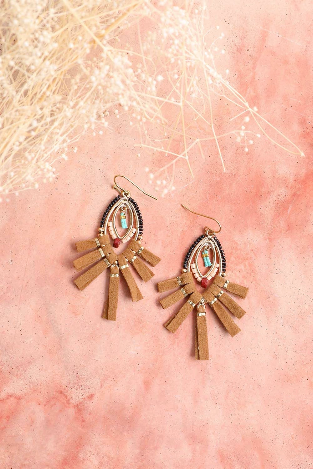 Suede Fringe Beaded Earrings-Soul Flow Apparel