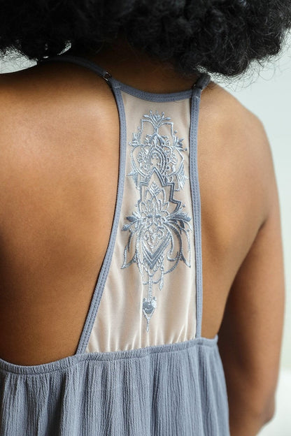 Leto Collection boho tattoo back slip dress with elegant embroidery on the back for a chic look
