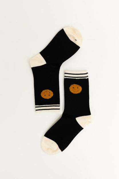 Leto Collection Boho Crew Socks for Women in Black with Fun Smiley Face Design