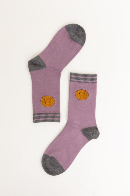Leto Collection boho crew socks for women in lavender with smiley face design and contrasting gray accents