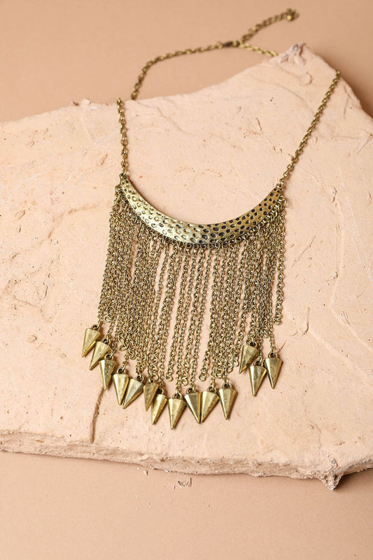 Leto Collection gold tone fringe necklace with hammered crescent plate and charms Boho Necklace, Boho Chic Jewelry, Spiritual