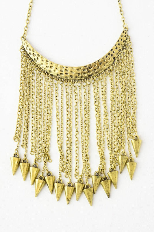 Gold hammered crescent fringe necklace with cone charms by Leto Collection Boho Necklace, Boho Chic Jewelry, Spiritual