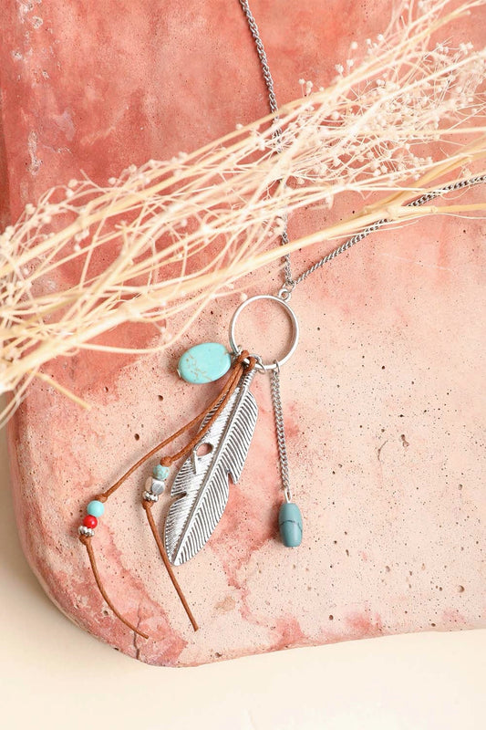 Leto Collection silver feather pendant with turquoise beads and leather cords Boho Necklace, Boho Chic Jewelry, Spiritual