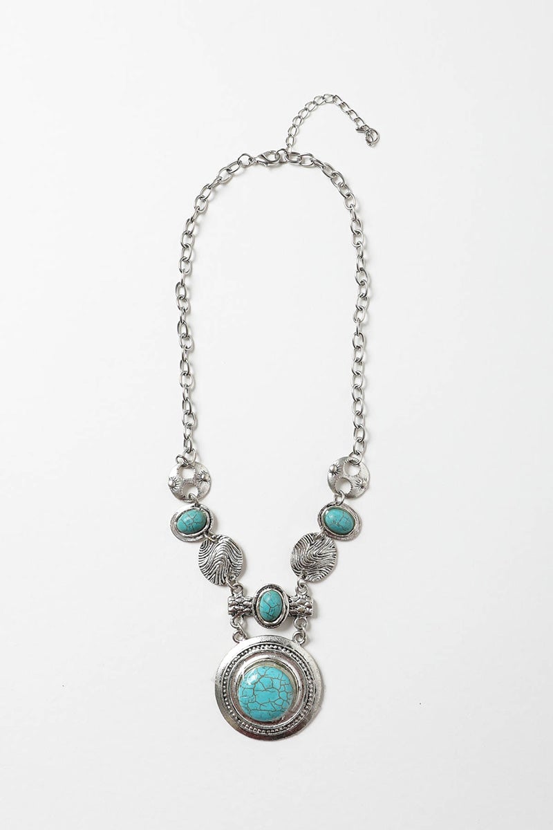 Leto Collection Boho Necklace, Boho Chic Jewelry, Spiritual silver chain necklace with turquoise stone pendant and engraved detail