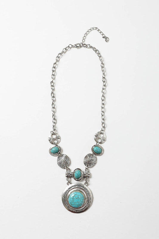 Leto Collection Boho Necklace, Boho Chic Jewelry, Spiritual silver chain necklace with turquoise stone pendant and engraved detail