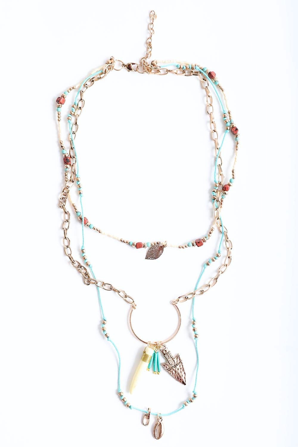 Leto Collection multi strand turquoise and gold charm necklace with tassel and shell Boho Necklace, Boho Chic Jewelry, Spiritual