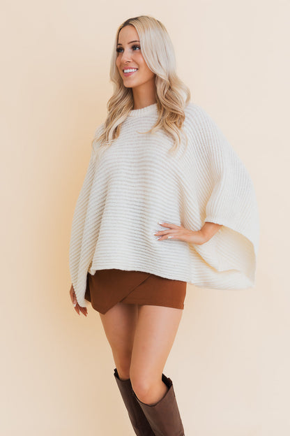 Leto Collection Ribbed Knit Poncho for Women in Cream Color for Stylish Layering
