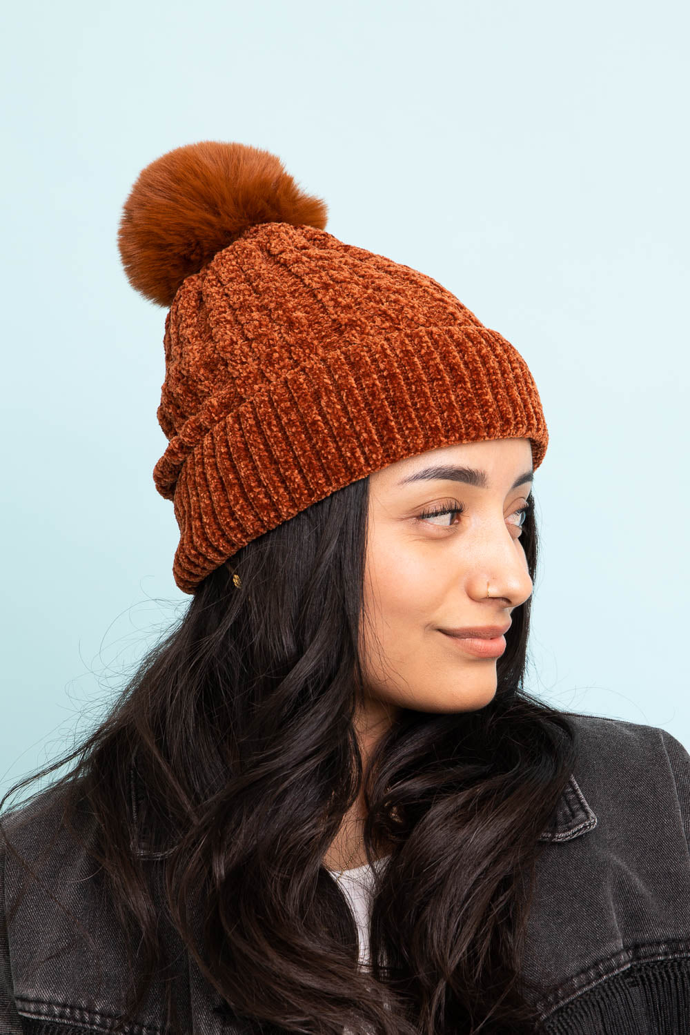 Velvet Cable Knit Pom Beanie-Soul Flow Apparel