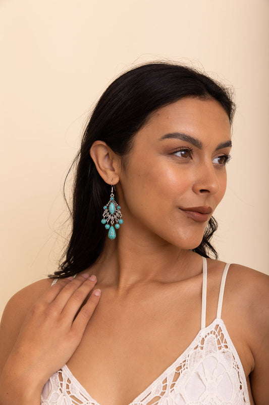 Vintage Turquoise Silver Chandelier Earrings-Soul Flow Apparel