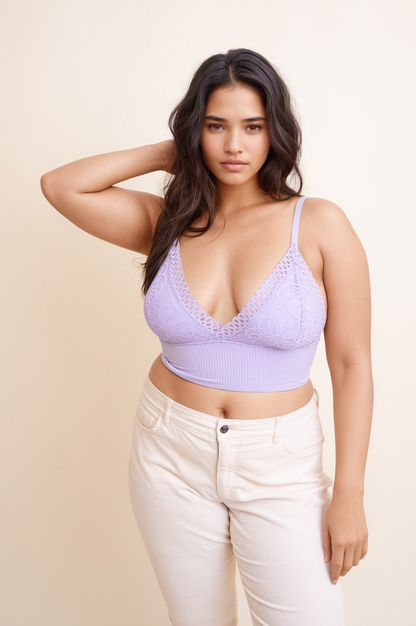 Leto Collection plus size lace brami in lavender with a flattering v-neck design and adjustable straps