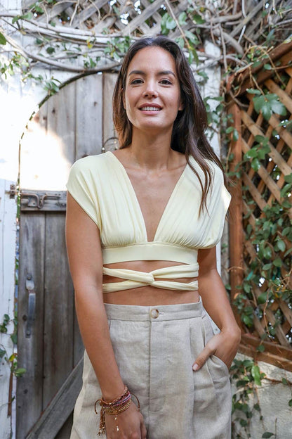 Leto Collection Multiway Bralette Boho in Soft Yellow with Adjustable Straps and Cross-Over Design