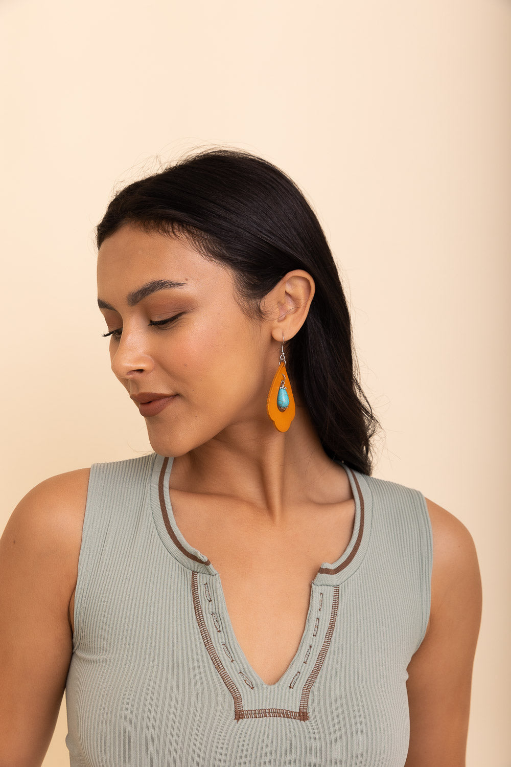 Western Leather Cutout Earrings w/ Turquoise Stone-Soul Flow Apparel