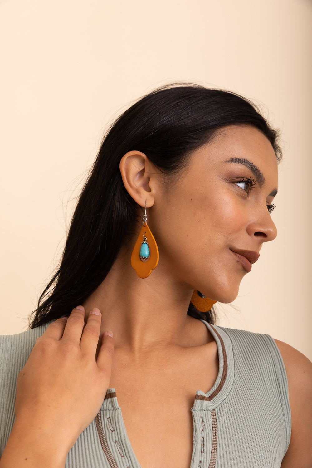 Western Leather Cutout Earrings w/ Turquoise Stone-Soul Flow Apparel