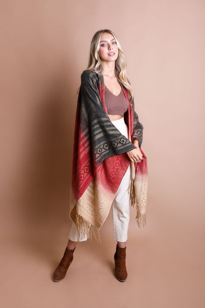 Leto Collection Western Serape Tassel Shawl in Red and Gray for Stylish Layering