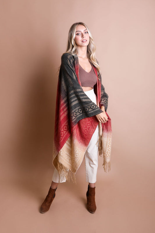 Leto Collection Western Serape Tassel Shawl in Red and Gray for Stylish Layering