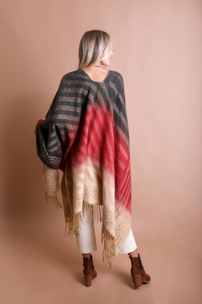 Leto Collection Western Serape Tassel Shawl with Striped Pattern and Fringe Detail