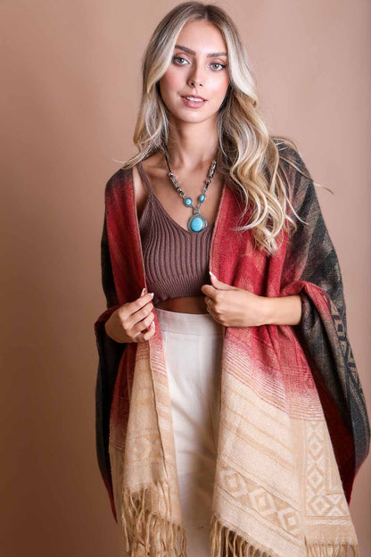 Leto Collection Western Serape Tassel Shawl in earthy tones with intricate patterns and fringes